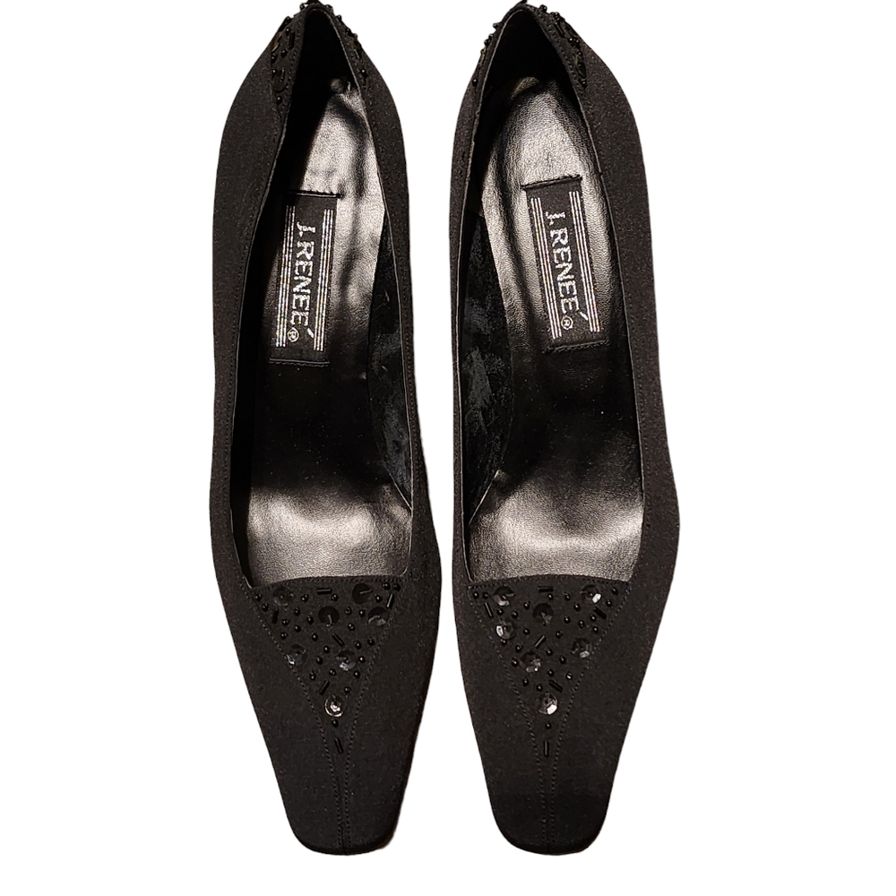 ♡Vintage J. Renee Women's Black Beaded Fabric Leather Formal Party Heels 8.5M